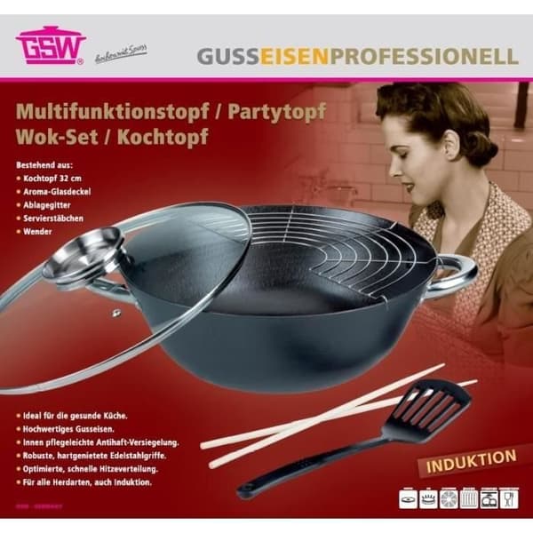 GSW Multi-function Wok Set - Cast Iron - 32 cm - Suitable for All Hobs Including Induction 5-piece