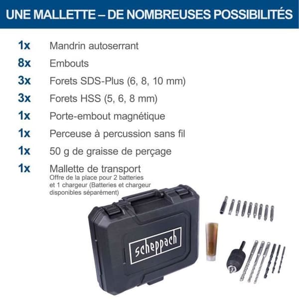 SCHEPPACH C-RHD130-X Cordless Rotary Hammer Drill - 1.3J 6000 bpm + Drill Bits, Accessories, Carrying Case