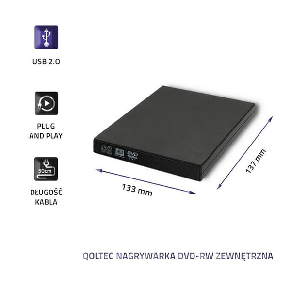 Qoltec 51858 External DVD-RW Recorder USB 2.0 Black