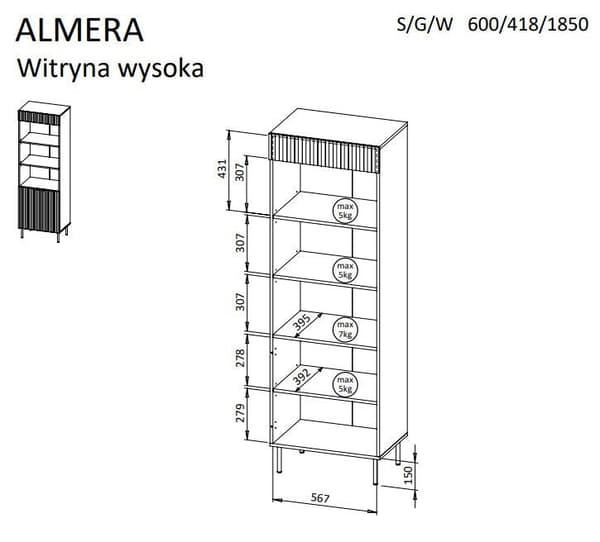 Cama Bookcase 60x42x185 Walnut/Cashmere 3 ALMERA