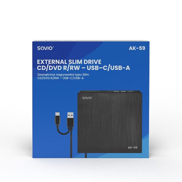 SAVIO AK-59 External Slim CD/DVD Recorder R/RW - USB-C/USB-A Black