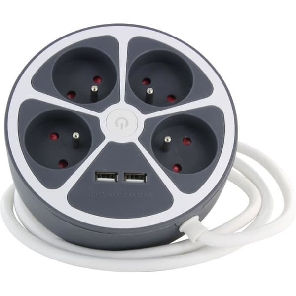 CHACON Circle Block - 4 x 16A + 2 USB - 1.5 m - Grey