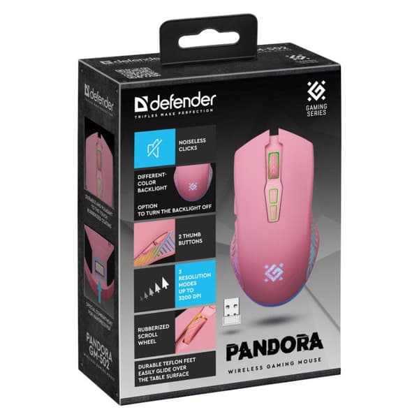 Defender Pandora Wireless Gaming Mouse Pink 3200dpi Rechargeable