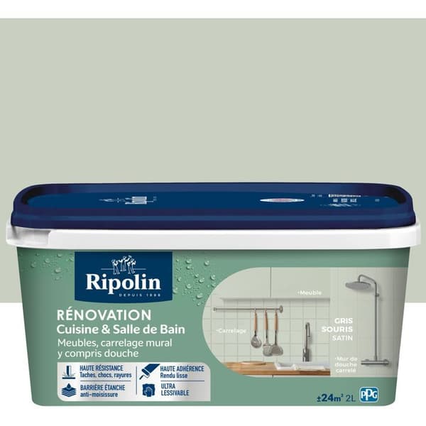 RIPOLIN Kitchen and Bathroom Renovation Paint Mouse Grey Satin 2 L