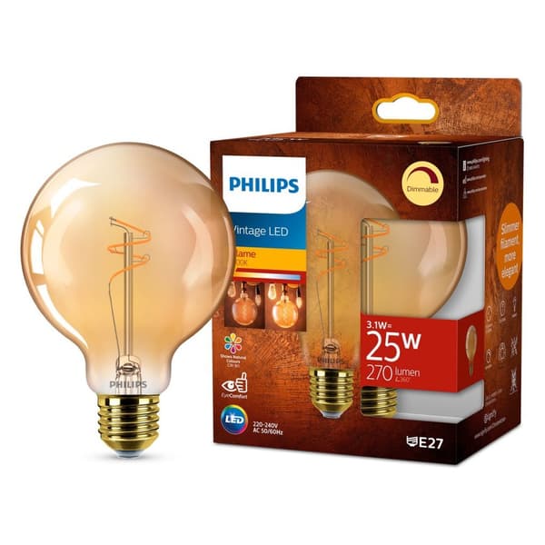 Philips Vintage LED Dimmable Globe G95 E27 60W Amber Glass