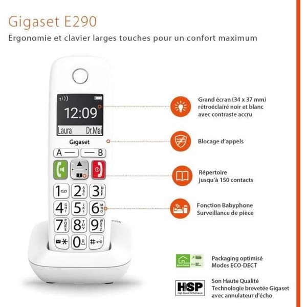 GIGASET E290 Duo Cordless Phone - White - Large Screen, Large Buttons, Audio Boost
