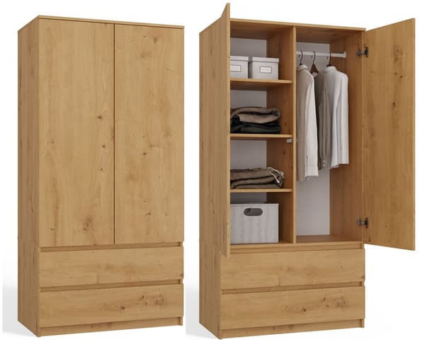 Topeshop MALWA SS-90 Wardrobe 2 Doors 5 Shelves Oak