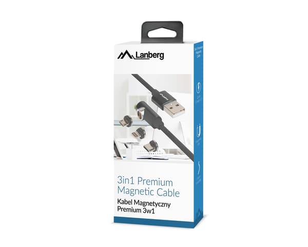 3in1 Premium Magnetisk Vinklet Kabel QC 3.0 - Sort