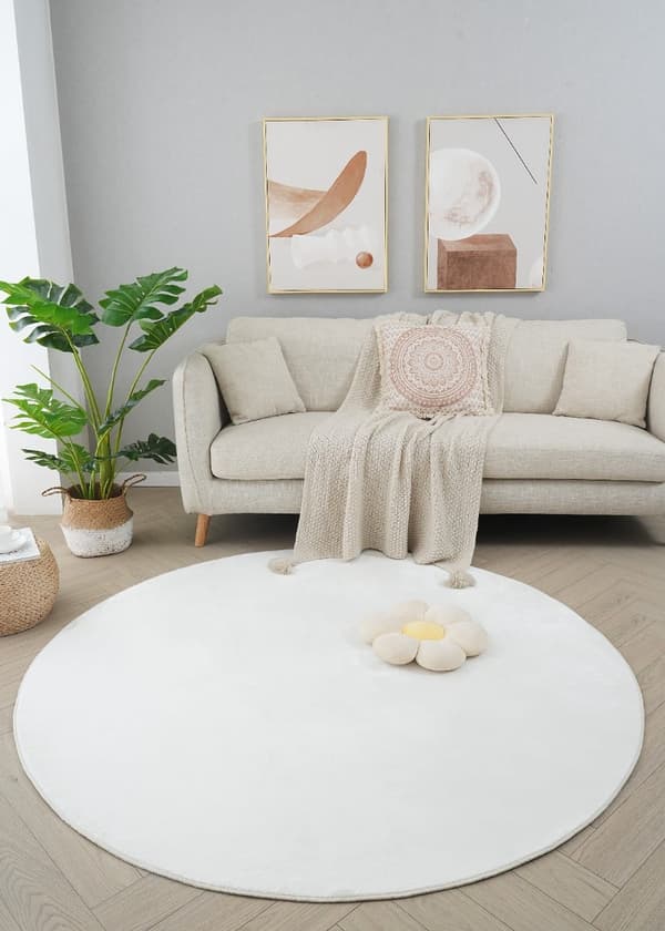 Glossy Offwhite Rund Pelslook Tæppe 200 cm