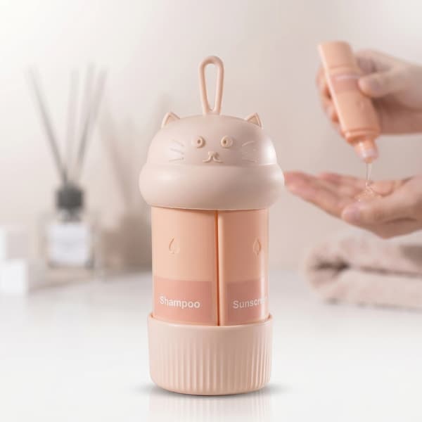 Reseflaskor 4-pack med kattdesign – läcksäkra toalettflaskor med dubbel tätning, 60 ml per flaska