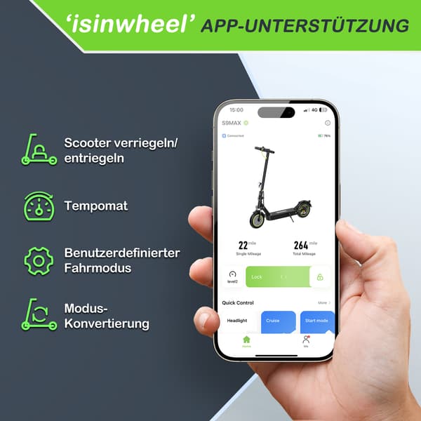 Elscooter för vuxna iSinwheel S9MAX, 10" solida däck, fällbar, svart