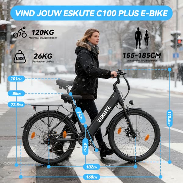 Elcykel til bybrug Eskute C100 Plus, pendler til voksne, sort