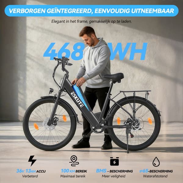 Elcykel til bybrug Eskute C100 Plus, pendler til voksne, sort