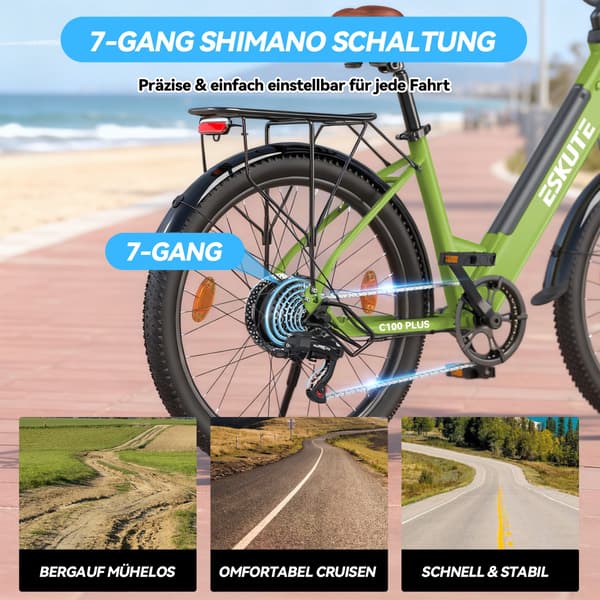 Elcykel Eskute C100 Plus, By & Pendler til Voksne, Avocado Grøn