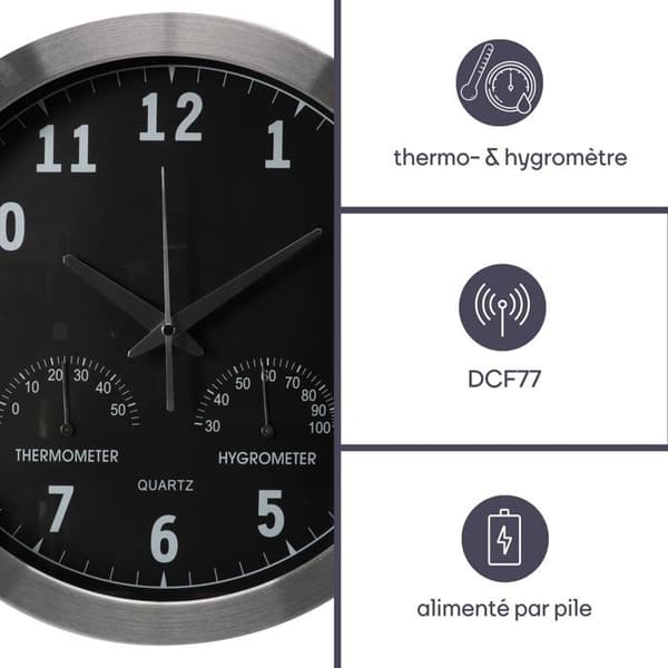 Väggklocka i aluminium med termometer och hygrometer - 35,5 cm