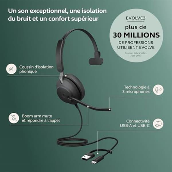 Jabra Evolve2 40 SE – Mono headset med USB-C/A | Certifierad för Microsoft Teams |