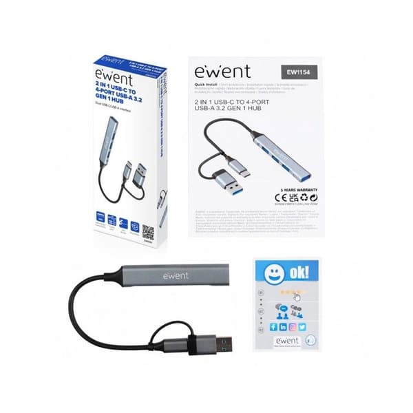 Hub Ewent EW1154 2-i-1 USB-C + USB-A 1x USB-A 3.2 + 3x USB-A 2.0 Grå