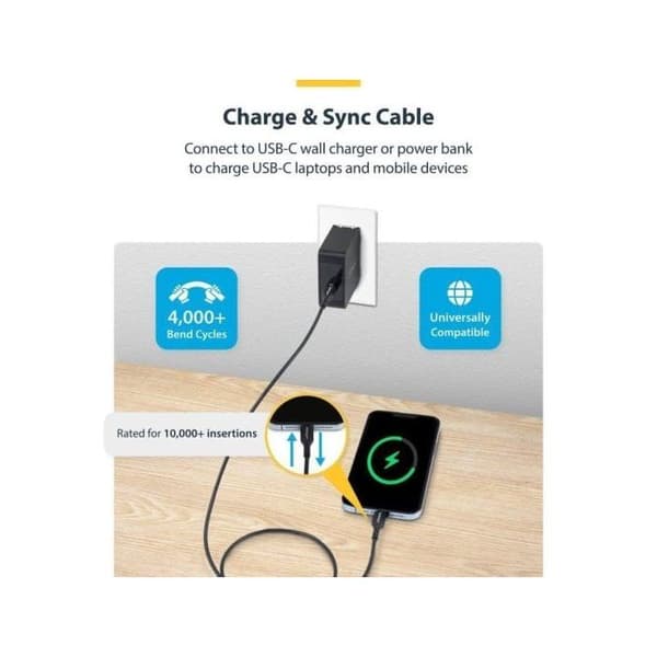 USB-C Laddkabel - STARTECH.COM - 3m - 60W - 3A - USB 2.0 - Svart