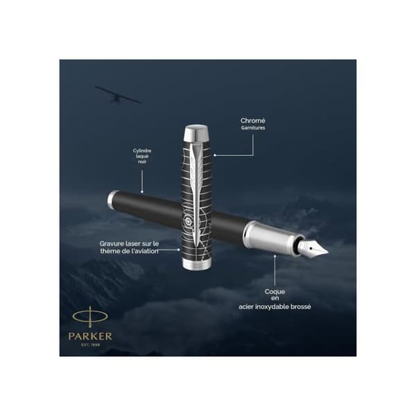 Fjäderpenna - PARKER - Samling Arv av Flyg - Kromfinish - Fin spets - Presentförpackning