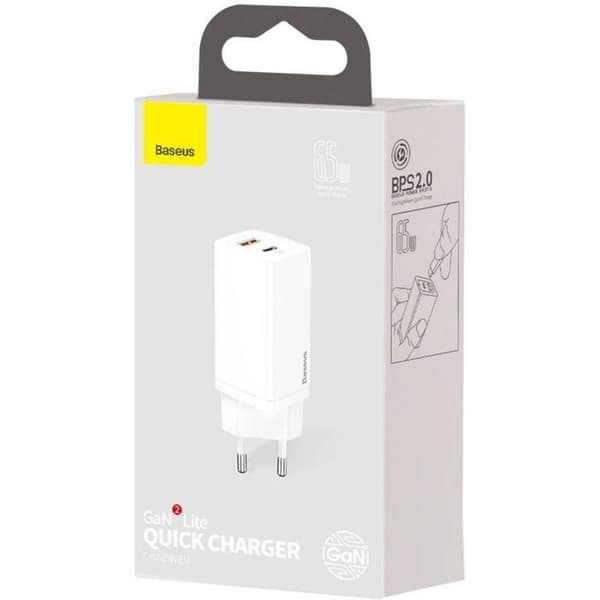 Strömadapter - Baseus - GaN2 Lite - 65W - USB-A och USB-C - Quick Charge 3.0
