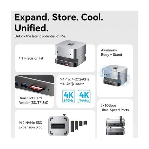 Dockning för Mac Mini USB Typ-C Vention THIHAG- SSD M.2- 4xUSB- 1xUSB Typ-C- 1xDisplayPort 4K- 1xKortläsare- 1xJack