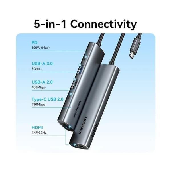 Dockningsstation USB Typ-C Vention TGLHB- 1xUSB Typ-C- 2xUSB- 1xHDMI 4K- 1xUSB Typ-C PD- Grå