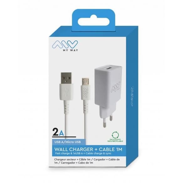 Laddare 2A - MYWAY - Micro USB - 1m - Vit - Laddningsaccessoar
