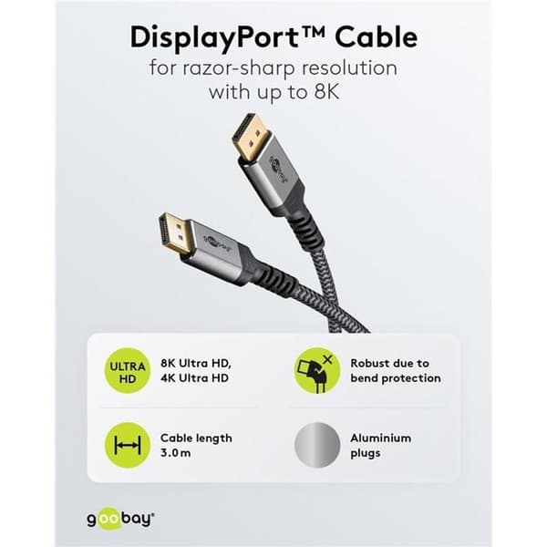 DisplayPort-kabel, DP 1.4, 3 m, Sharkskin Grey