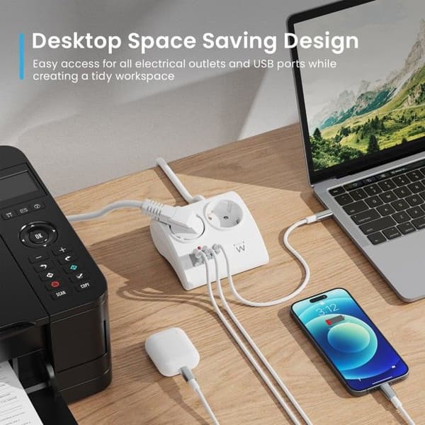 Ewent EW3871 Kontorsmultipris 2 USB-A/USB-C 1.5m Vit