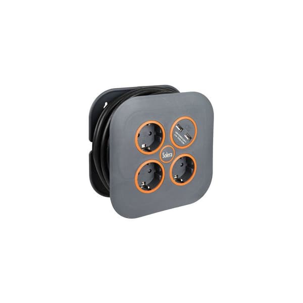 Kabelrulle med 3 kontakter 2p + T och 2 USB-ingångar Solera 7321usb