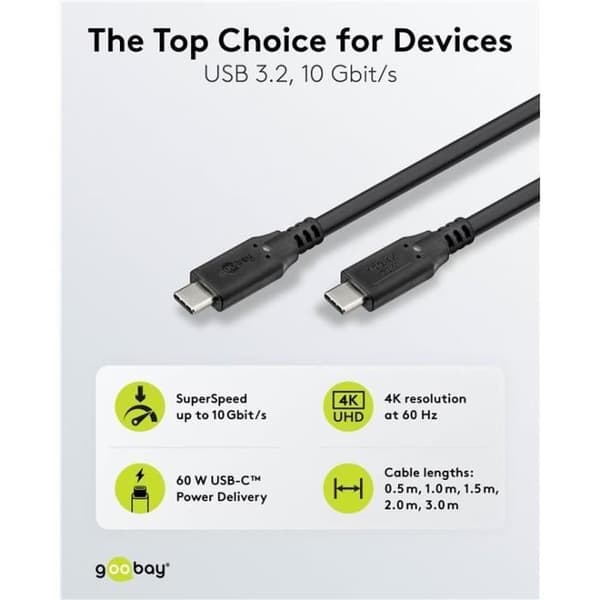 USB-C™-kabel, USB 3.2, 60 W, 10 Gbit/s, 0,5 m