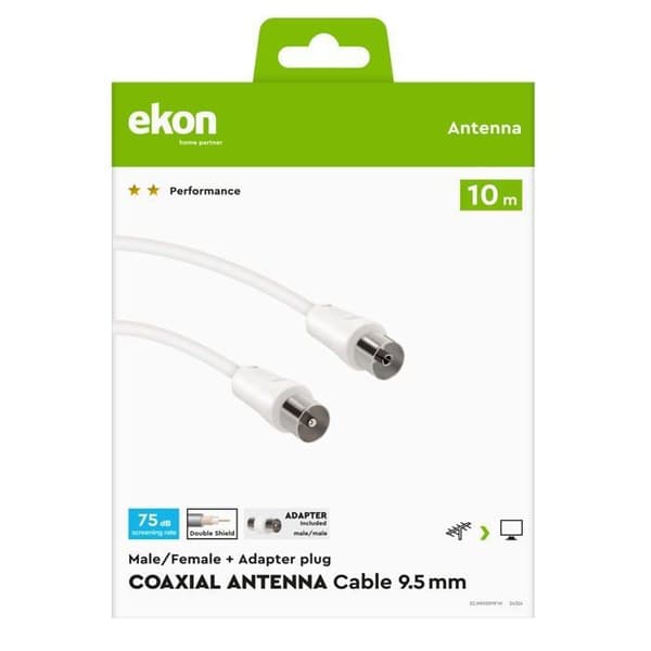 Ekon Koaxial antennkabel 10 m hane-hane 75 dB vit för TV och dekoder