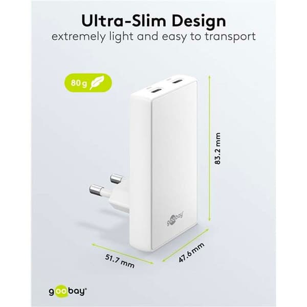GOOBAY Snabbladdare 45 W Dubbel USB-C PD GaN 90° Extra platt Vit