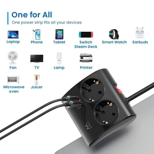 Bordmultipunkt Ewent EW3871 2 USB-A/1USB-C 1,5 m Svart