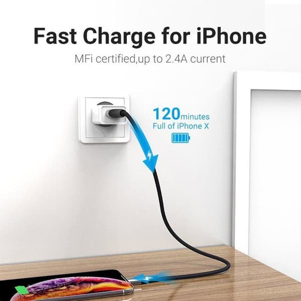 Flätad Lightning-kabel - VENTION - C89 - 2m - Aluminium - Snabbladdning