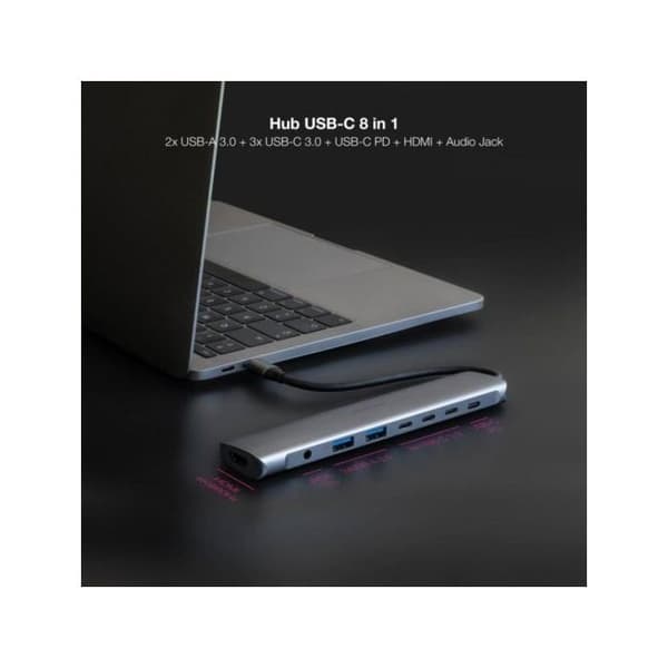 USB-C-hub 8 i 1 - NANO CABLE - 10.16.4608 - HDMI 4K - 2xUSB-A - 3xUSB-C - Grå