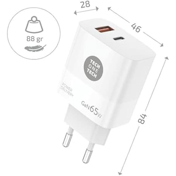 Väggladdare - TECH ONE TECH - TEC2273 - 1 x USB typ-C - 1 x USB - 65 W
