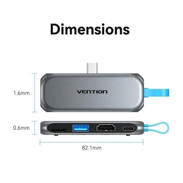 Dockningsstation Sin Kablar USB Typ-C Vention THYH0- 1xUSB- 1xHDMI- 1xUSB Typ-C PD- 1xKortläsare- Grå