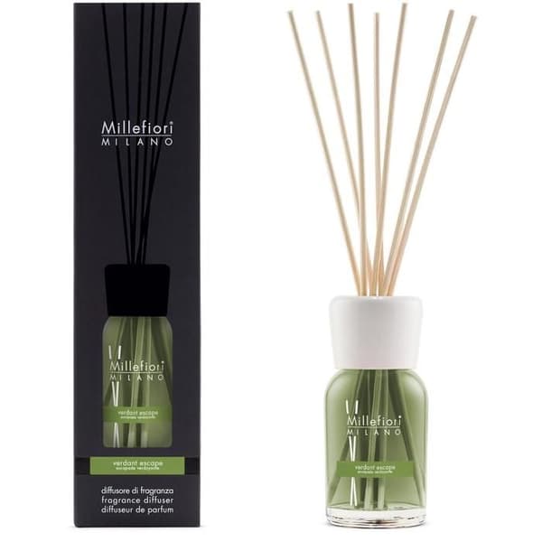Diffuser med pinnar - MILLEFIORI - Verdant Escape - 100 ml - Frisk doft - Grönt glas