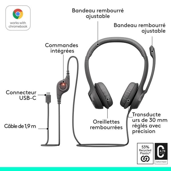 Logitech H390 USB-C trådbundet headset med støjreducerende mikrofon, stereo, til bærbar computer