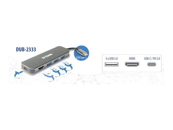 USB-hub - D-Link - DUB-2333 - USB-C - HDMI - 3 portar USB 3.2