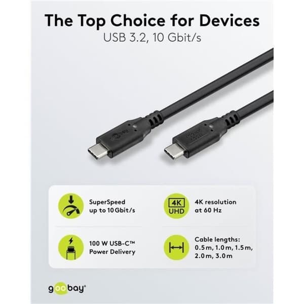 USB-C™-kabel, USB 3.2, 100 W, 10 Gbit/s, 0,5 m
