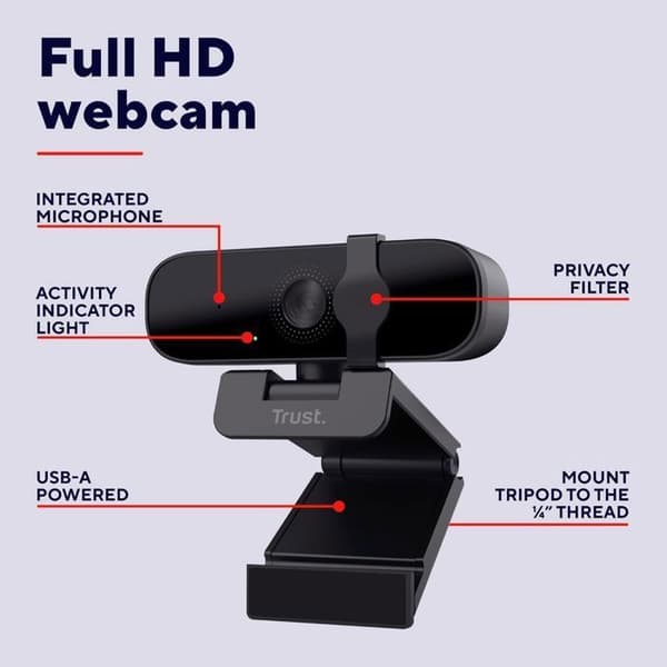 Webcam USB - TRUST - Tanor - Full HD 1080p - Inbyggd mikrofon - Integritetslock - PC/Mac