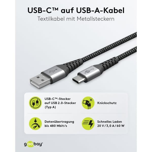 USB 2.0 Typ C-kabel - Goobay - 1 m - Grå - Datatransfer - PVC