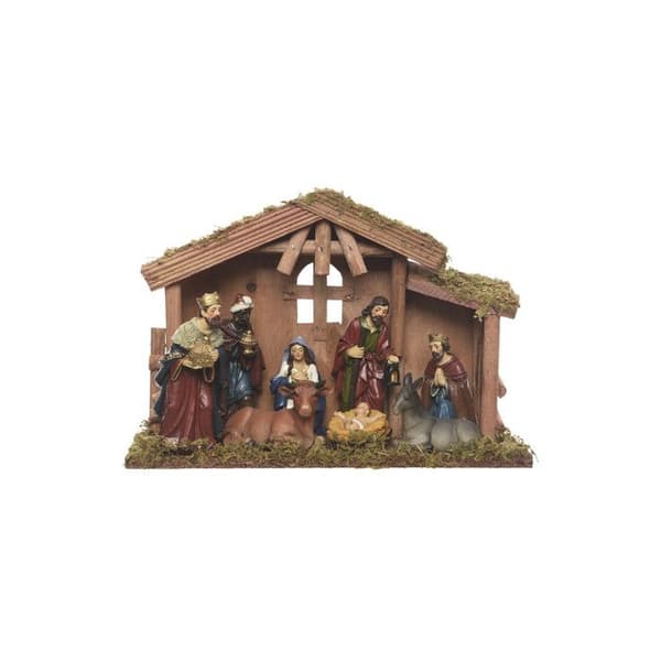 Julkrubba - Dekorerad - 30 cm - Trä - 8 Santons - Julkrubba