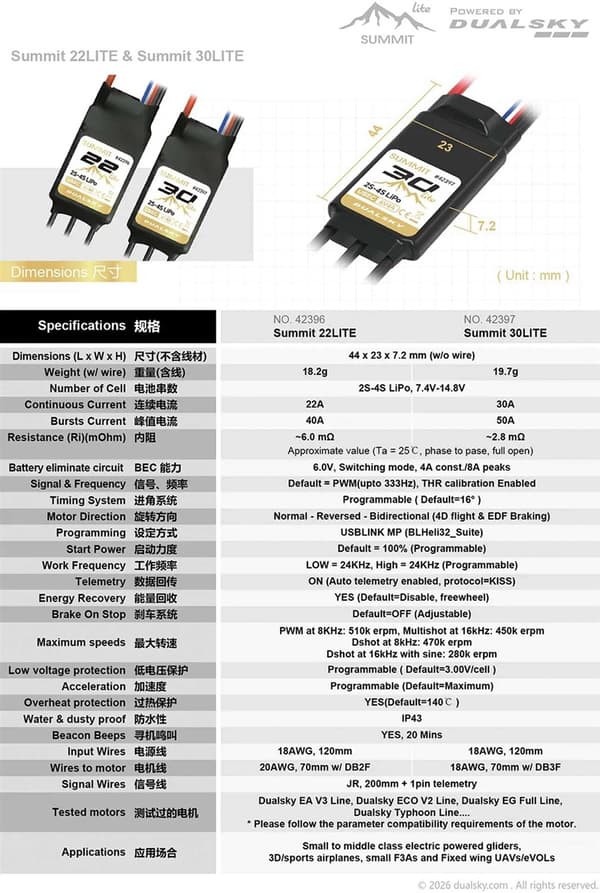 Dualsky Summit 22Lite 22A ESC 2-4S UBEC