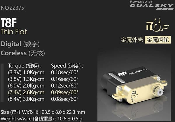 Dualsky T8F Tynd Flad Servo 3kg/0.08s