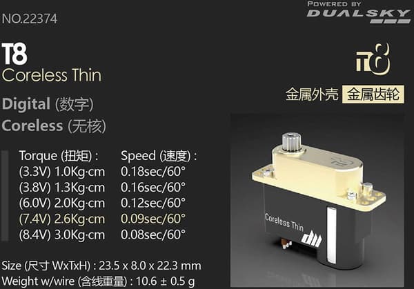 Dualsky T8 kerneløs tynd servo 3 kg/0.08 s