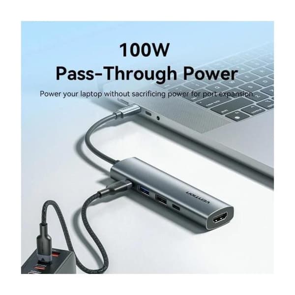Dockningsstation USB Typ-C Vention TGLHB- 1xUSB Typ-C- 2xUSB- 1xHDMI 4K- 1xUSB Typ-C PD- Grå