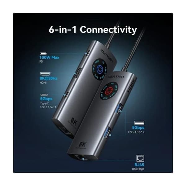 Dockningsstation USB Typ-C Vention TQZHB- RJ45- 2xUSB- 1xUSB Typ-C- 1xHDMI- 1xUSB Typ-C PD- Grå